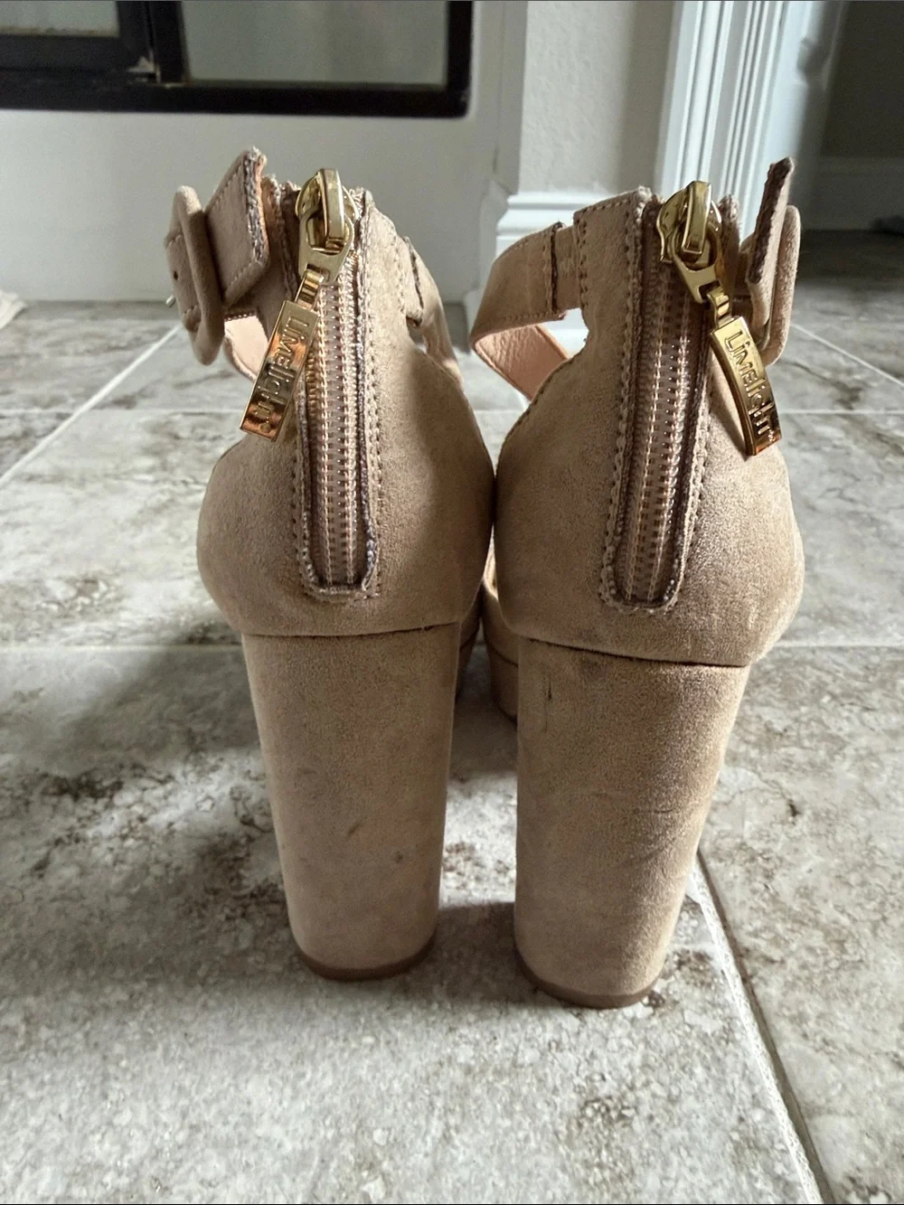 Limelight Nude Suede Crisscross Block Heel Sandals